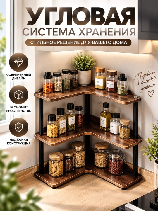 Этажерка 3 полки на колёсах, кухонный стеллаж для хранения посуды, продуктов и техники - 