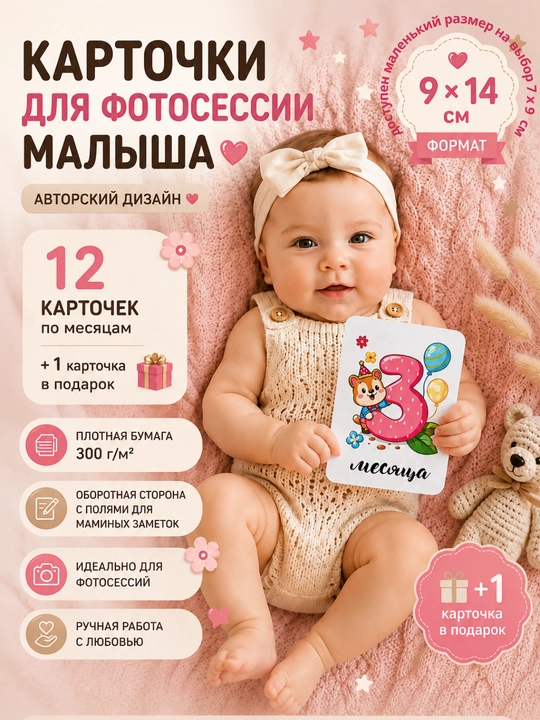 Yangi tug‘ilganlar fotosessiyasi uchun oylar bo‘yicha kartochkalar — o‘g‘il va qiz uchun - 