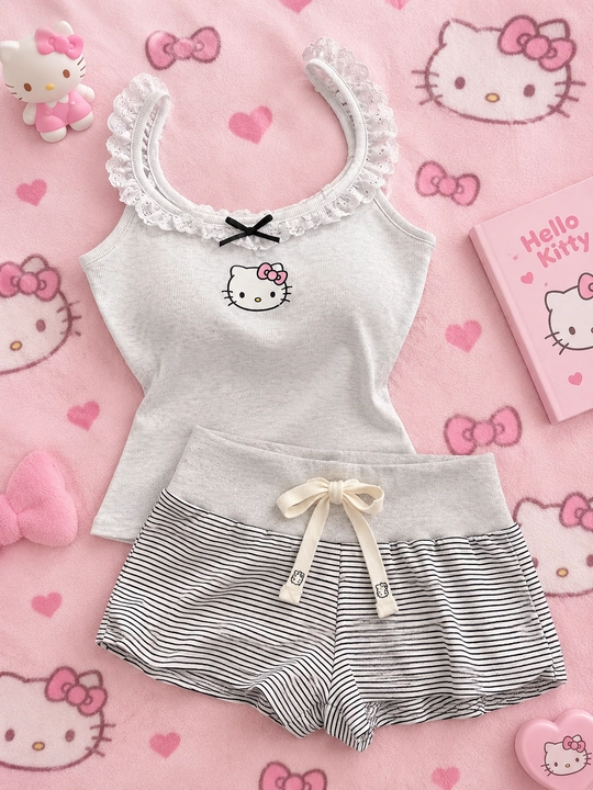 Комплект майка и шорты Hello kitty, женской домашний костюм, трикотажный женский набор