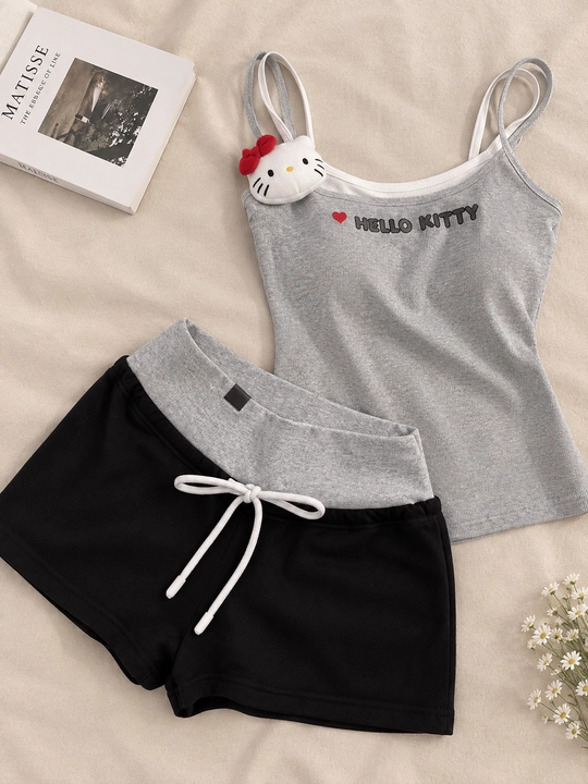 Комплект майка и шорты Hello kitty, женской домашний костюм, трикотажный женский набор