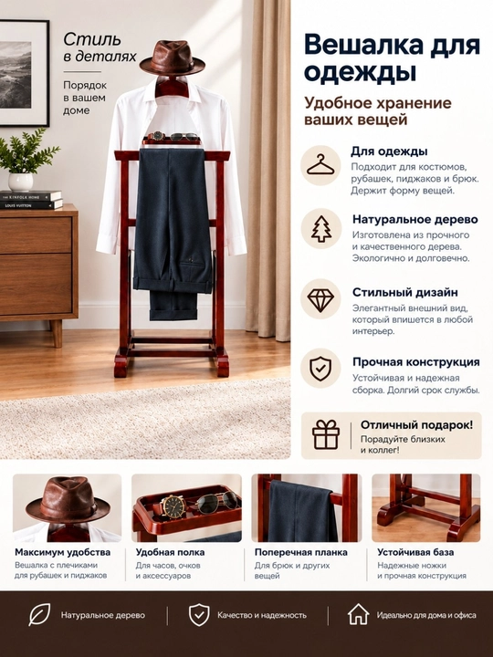 Вешалка для одежды , напольная, для костюмов, пиджаков, брюк и рубашек, дерево