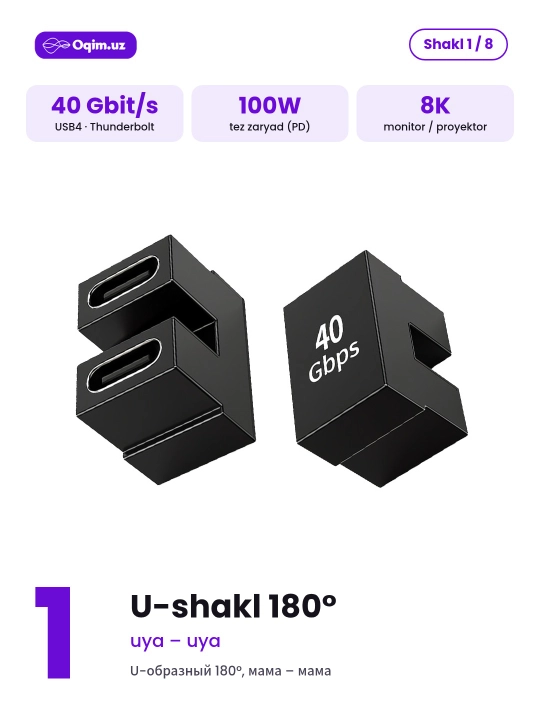 Type-C adapter USB4 40 Gbit/s, 100W, 8K, Thunderbolt, burchakli 90°/180° va to‘g‘ri