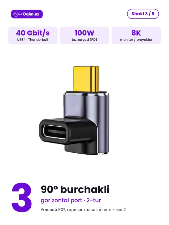 Type-C adapter USB4 40 Gbit/s, 100W, 8K, Thunderbolt, burchakli 90°/180° va to‘g‘ri