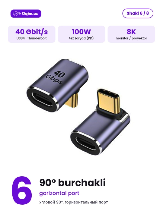 Type-C adapter USB4 40 Gbit/s, 100W, 8K, Thunderbolt, burchakli 90°/180° va to‘g‘ri