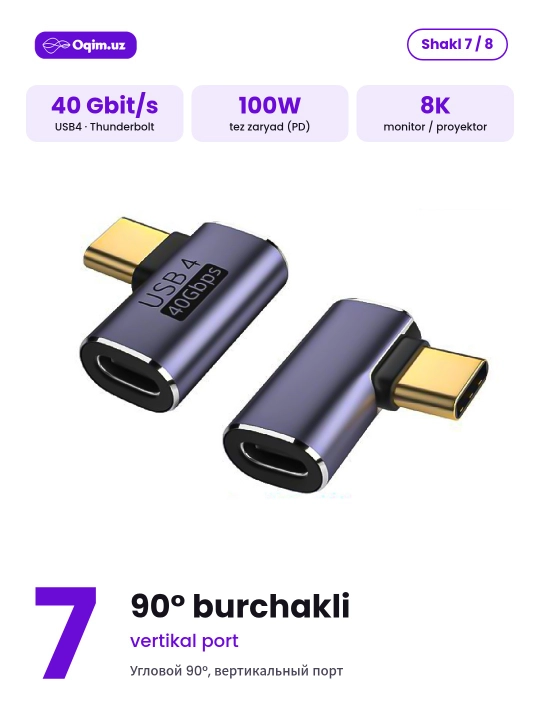 Type-C adapter USB4 40 Gbit/s, 100W, 8K, Thunderbolt, burchakli 90°/180° va to‘g‘ri