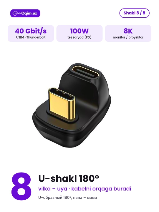 Type-C adapter USB4 40 Gbit/s, 100W, 8K, Thunderbolt, burchakli 90°/180° va to‘g‘ri