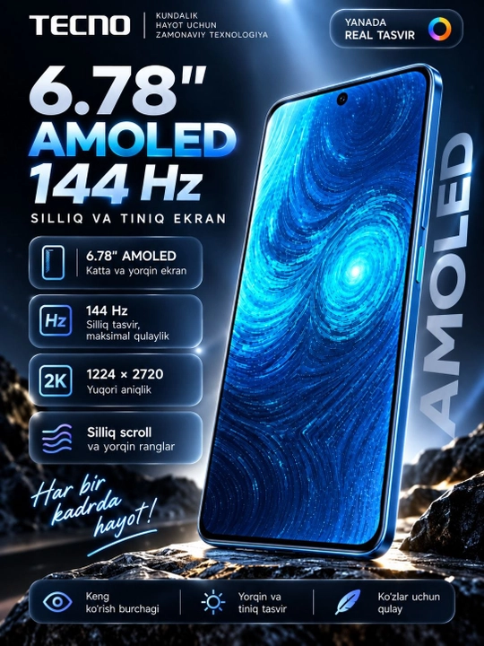 TECNO CAMON Slim 8/128 GB, 6.78" AMOLED 144 Hz, 50 MP, 6000 mAh