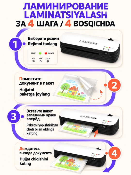 Ламинатор A4/A5/A6 SL299, аппарат для ламинирования документов + 50 пленок