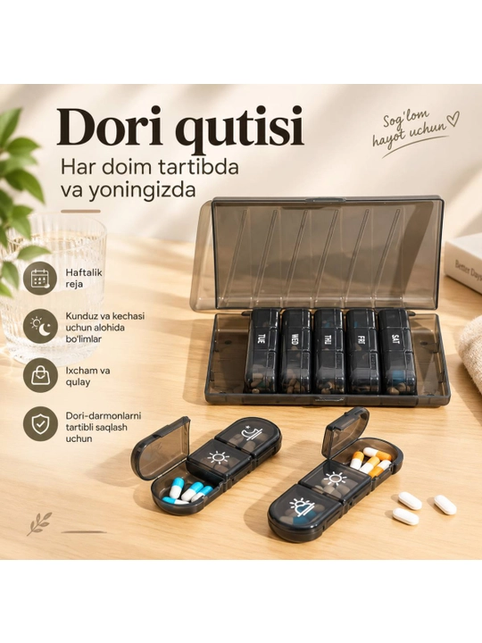 Dori qutisi, dori-darmonlar uchun konteyner, vitaminlar uchun portativ organizator - 