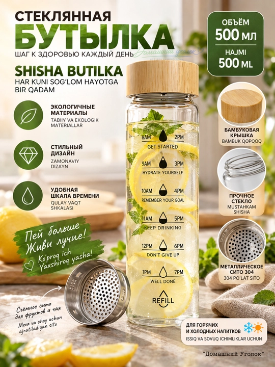 Стеклянная бутылка с бамбуковой крышкой (500/750 мл)