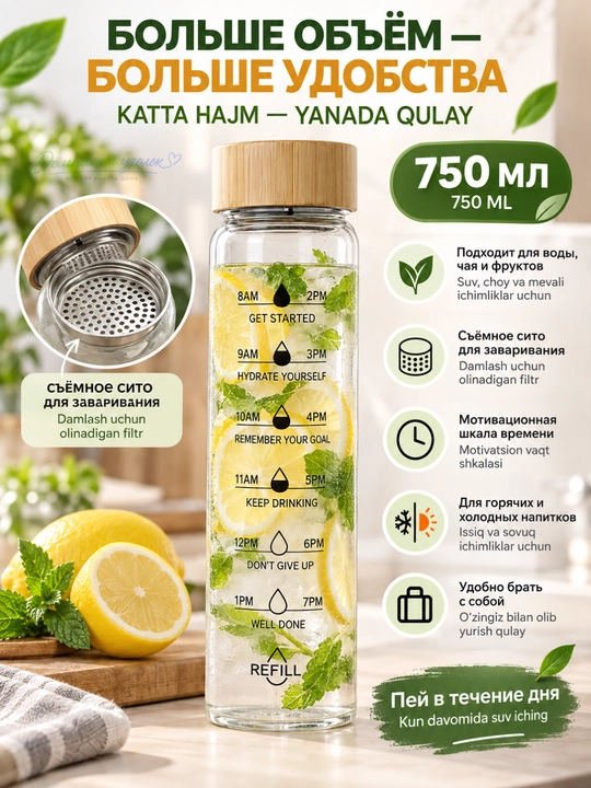 Стеклянная бутылка с бамбуковой крышкой (500/750 мл)