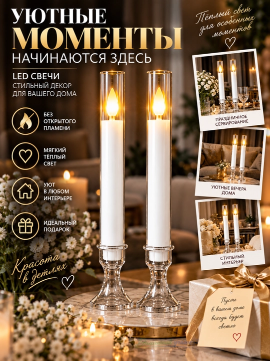 Dekorativ LED shamlar 25 sm, 6 dona to‘plam, ochiq olovsiz elektron shamlar, 3 rang