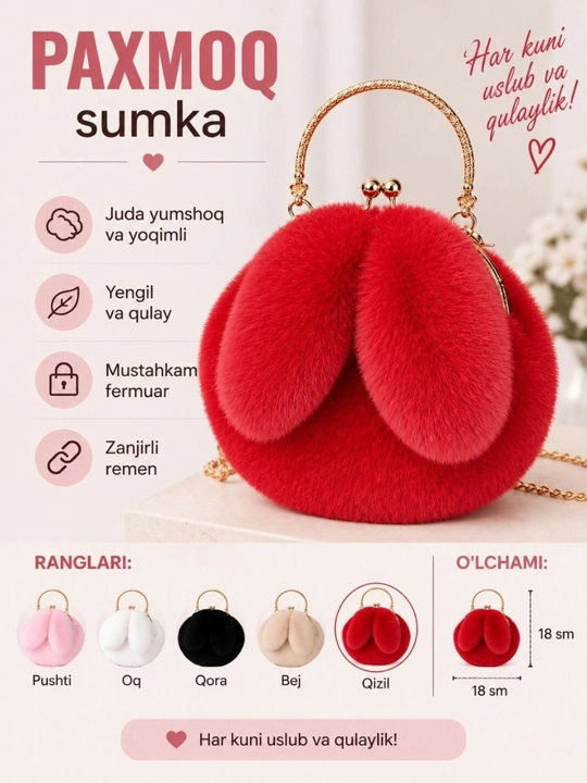 Ayollar sumkasi,sovg'a qizlar uchun,quyon quloqli pahmoq sumka,yelka va qo'l uchun