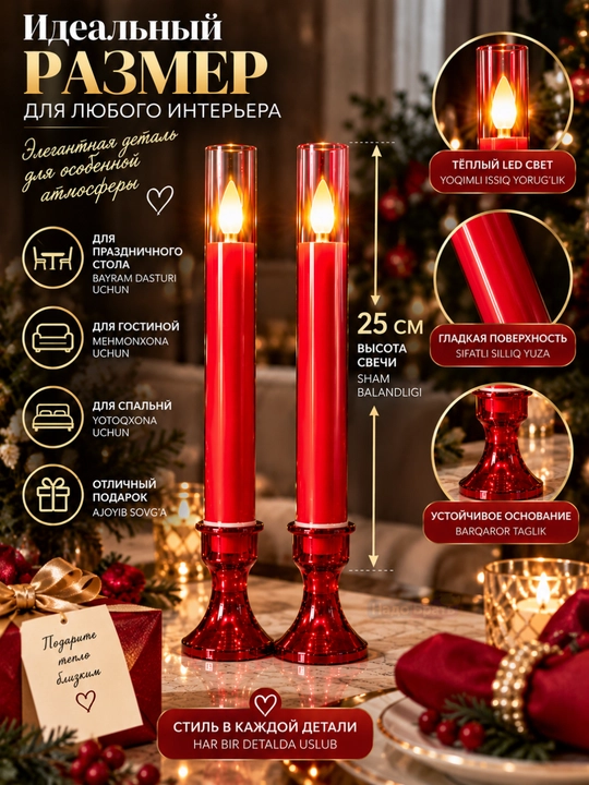 Dekorativ LED shamlar 25 sm, 6 dona to‘plam, ochiq olovsiz elektron shamlar, 3 rang