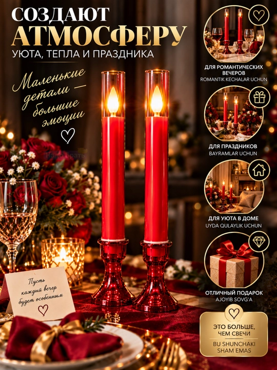 Dekorativ LED shamlar 25 sm, 6 dona to‘plam, ochiq olovsiz elektron shamlar, 3 rang
