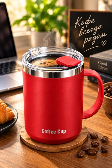Термокружка 480 мл Coffee Cup с крышкой, красная кружка для кофе и чая