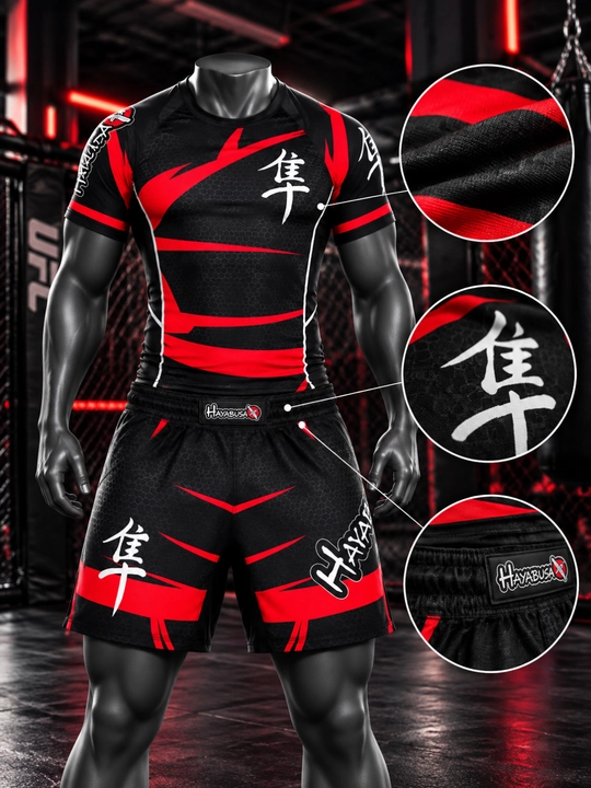 Мужской комплект для MMA Hayabusa, рашгард и шорты, черный синий-красный, S–XXXL