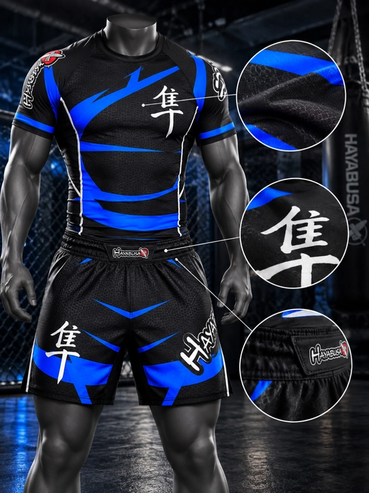 Мужской комплект для MMA Hayabusa, рашгард и шорты, черный синий-красный, S–XXXL