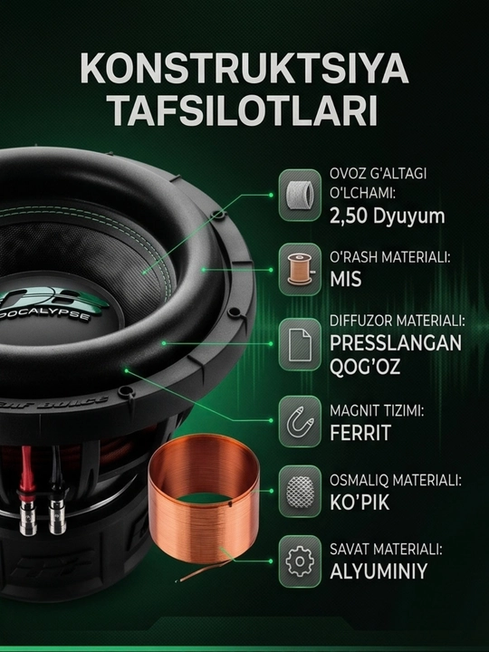 Avtomobil sabvuferi Apocalypse DB-SA255 15 dyuym 1000 Vt RMS / Mashina uchun kuchli sab