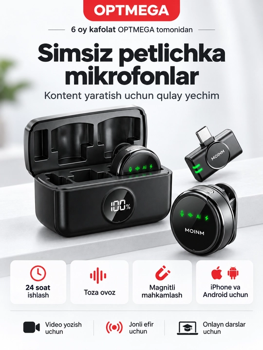Blogerlar, YouTube va strimlar uchun simsiz petlitsali mikrofon, Android petlitsa, Iphone - 
