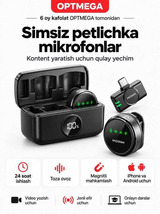 Blogerlar, YouTube va strimlar uchun simsiz petlitsali mikrofon, Android petlitsa, Iphone - 