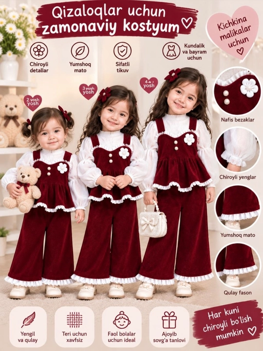 Qizlar uchun nafis gulli bezakli 2 qismli kostyum - 