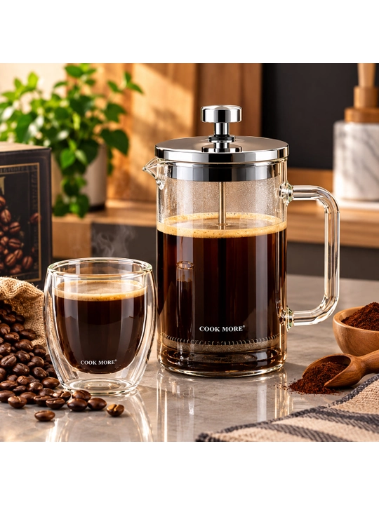 French Press qahva damlagich, 2 ta shisha stakan bilan, qahva uchun nabor