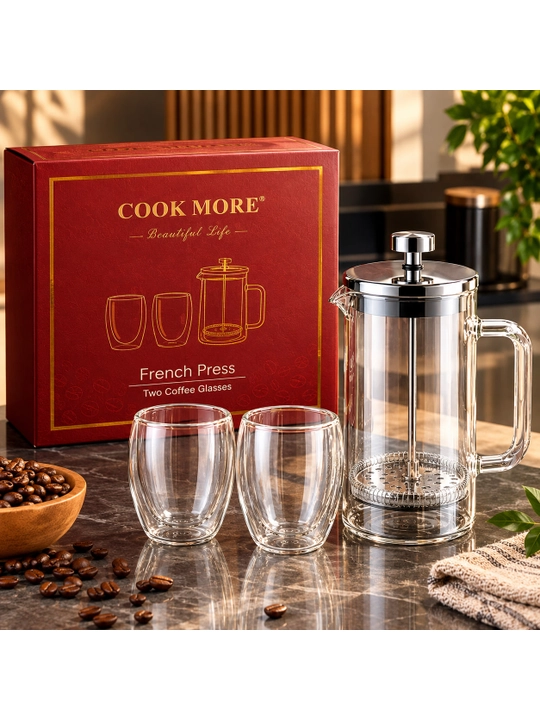 French Press qahva damlagich, 2 ta shisha stakan bilan, qahva uchun nabor - 