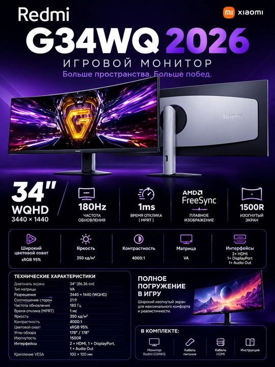 Redmi o‘yin monitori 34″/27″/25″, 180/200/300 Hz, 1 yil kafolat - 
