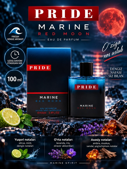 PRIDE, Marine RED MOON, Erkaklar uchun elegant va unikal atir, (100ml)