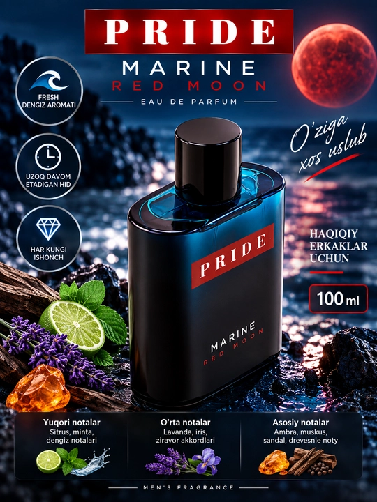 PRIDE, Marine RED MOON, Erkaklar uchun elegant va unikal atir, (100ml)