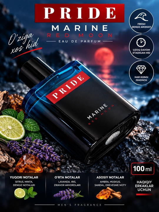 PRIDE, Marine RED MOON, Erkaklar uchun elegant va unikal atir, (100ml) - 