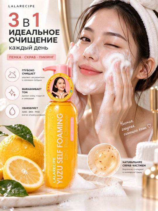 LALARECIPE Penka Yuzu Самопенящаяся пенка для умывания 3 в 1 AHA BHA, 200 мл