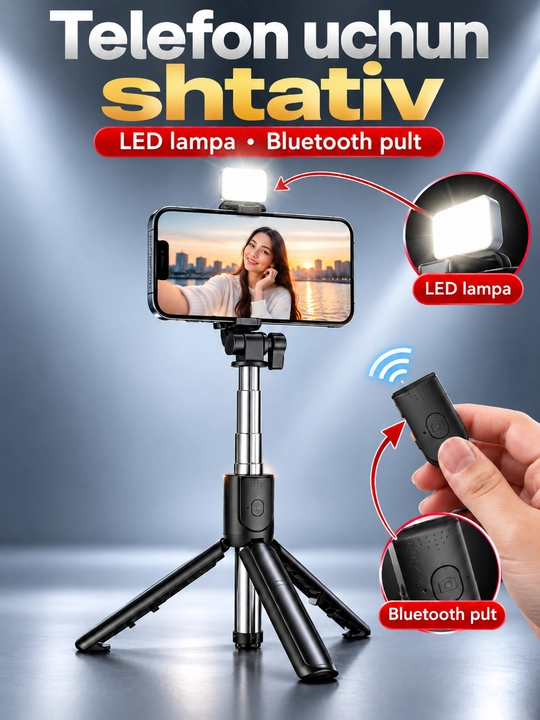 Штатив для телефона, селфи палка с LED-лампой и Bluetooth-пультом, штатив с лампой монопод