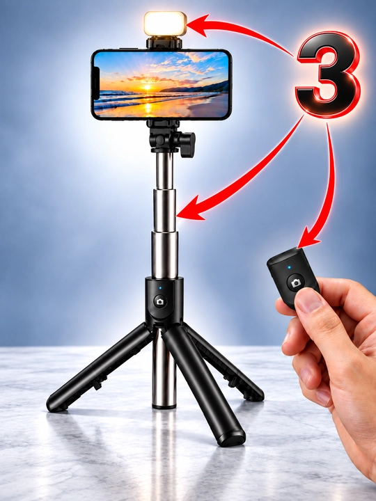 Telefon uchun shtativ, selfi tayoqcha, LED lampa va Bluetooth pult, shtativ lampa, selfie - 