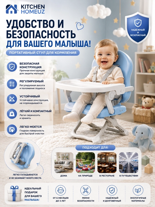 Bolalar uchun ko‘chma ovqatlanish stuli — qulay, xavfsiz va ixcham - 