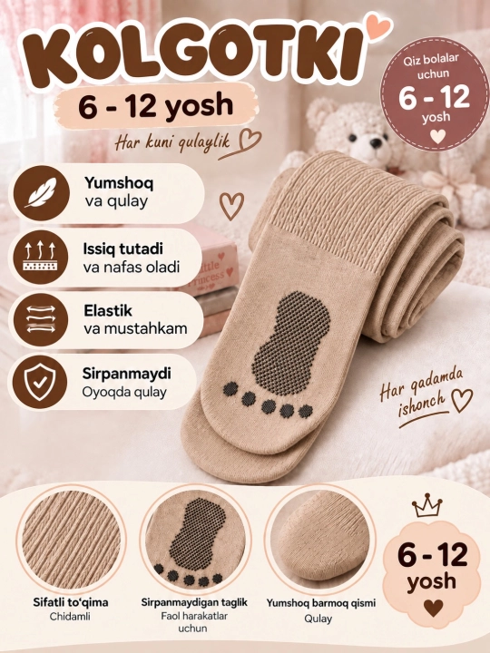 Qizlar uchun yumshoq kolgotkalar, 4XL — 6–8 yosh, 5XL — 9–10 yosh, 6XL — 11–12 yosh - 