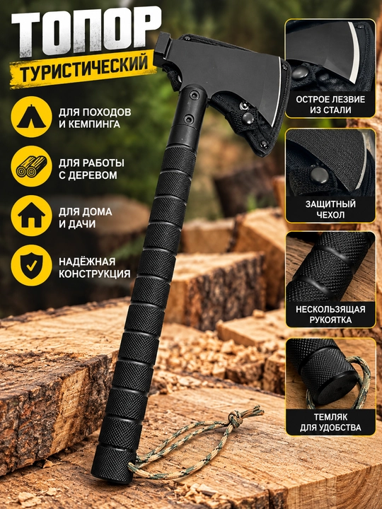 Топор туристический с чехлом и эргономичной рукояткой - 