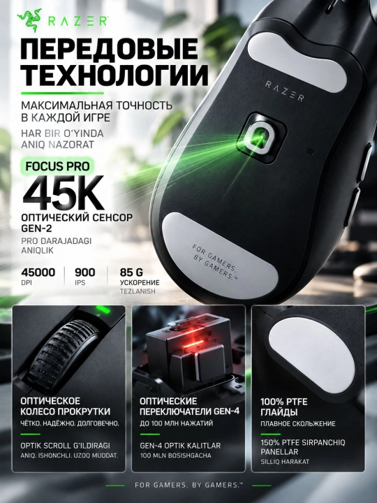 Беспроводная игровая мышь Razer DeathAdder V4 Pro Black, 45000 DPI, 8000 Гц, с гарантией