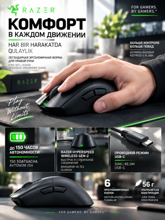 Беспроводная игровая мышь Razer DeathAdder V4 Pro Black, 45000 DPI, 8000 Гц, с гарантией