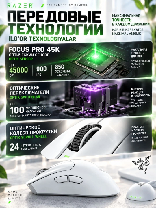 Беспроводная игровая мышь Razer DeathAdder V4 Pro White, 45000 DPI, 8000 Гц, с гарантией - 