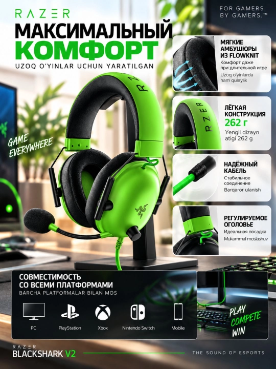 Игровая гарнитура Razer BlackShark V2 X Green, TriForce 50мм, 7.1, 3.5 мм, с гарантией