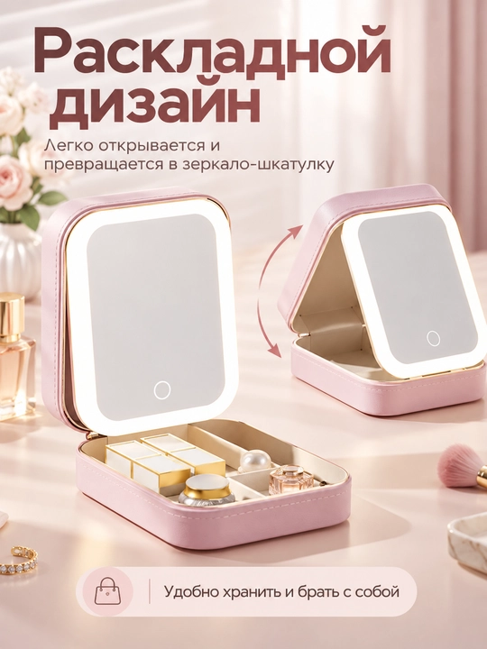 Косметичка с LED зеркалом и подсветкой для косметики и украшений