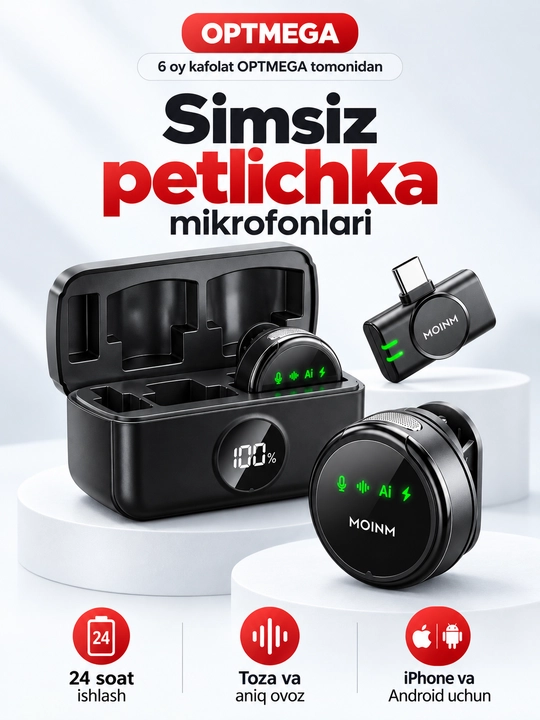 Blogerlar, YouTube va strimlar uchun simsiz petlitsali mikrofon, Android petlitsa, Iphone - 