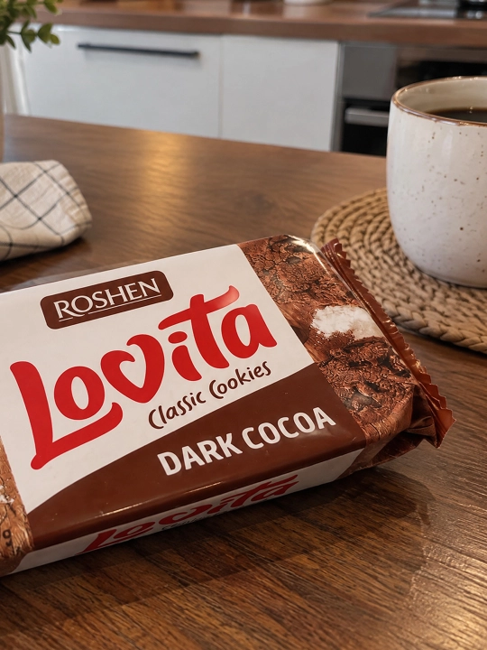 Yog'li pechenye Roshen Lovita Classic Cookies, kakao glazur bo'laklari bilan, 150 g