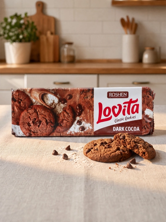 Сдобное печенье Roshen Lovita Classic Cookies, с какао и кусочками глазури, 150 г - 