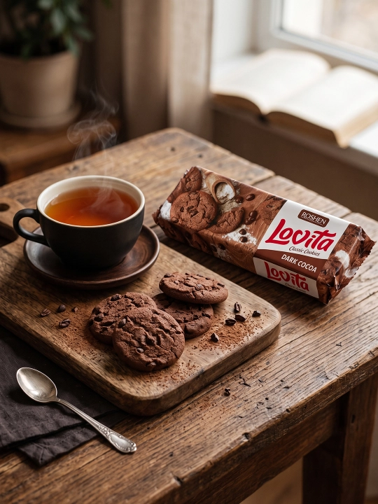 Yog'li pechenye Roshen Lovita Classic Cookies, kakao glazur bo'laklari bilan, 150 g