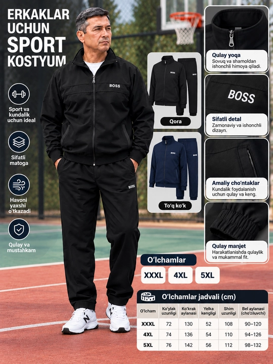 Erkaklar uchun BOSS sport kostyumi, ikki qismli — zamokli ustki kiyim va shim