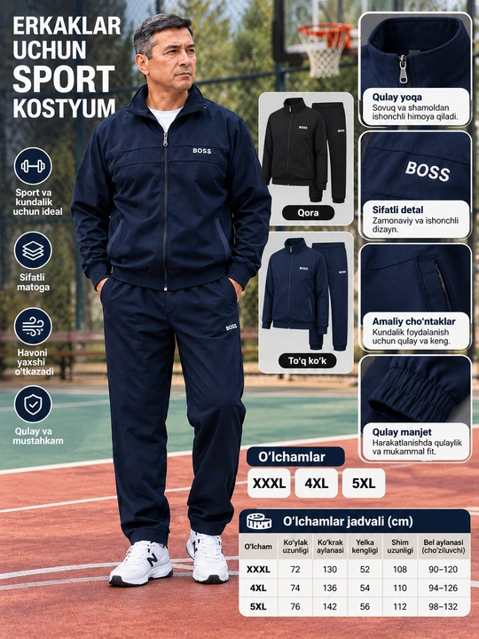 Erkaklar uchun BOSS sport kostyumi, ikki qismli — zamokli ustki kiyim va shim
