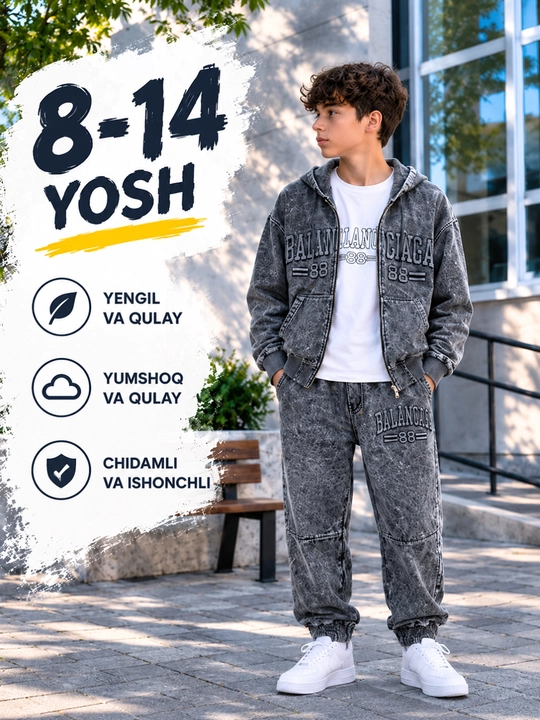 O‘g‘il bolalar uchun 3 qismli  komplekt, kofta, futbolka va shim, 8–14 yosh - 